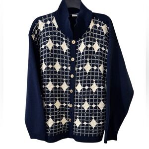 Lauren Alexandra Collection Vintage Argyle Navy/Cream Button-Up Cardigan Sz 1X